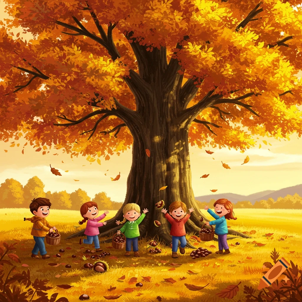 Four happy children collect chestnuts under a large, vibrant autumn tree in a grassy field, illustrated in a bright clipart style.
