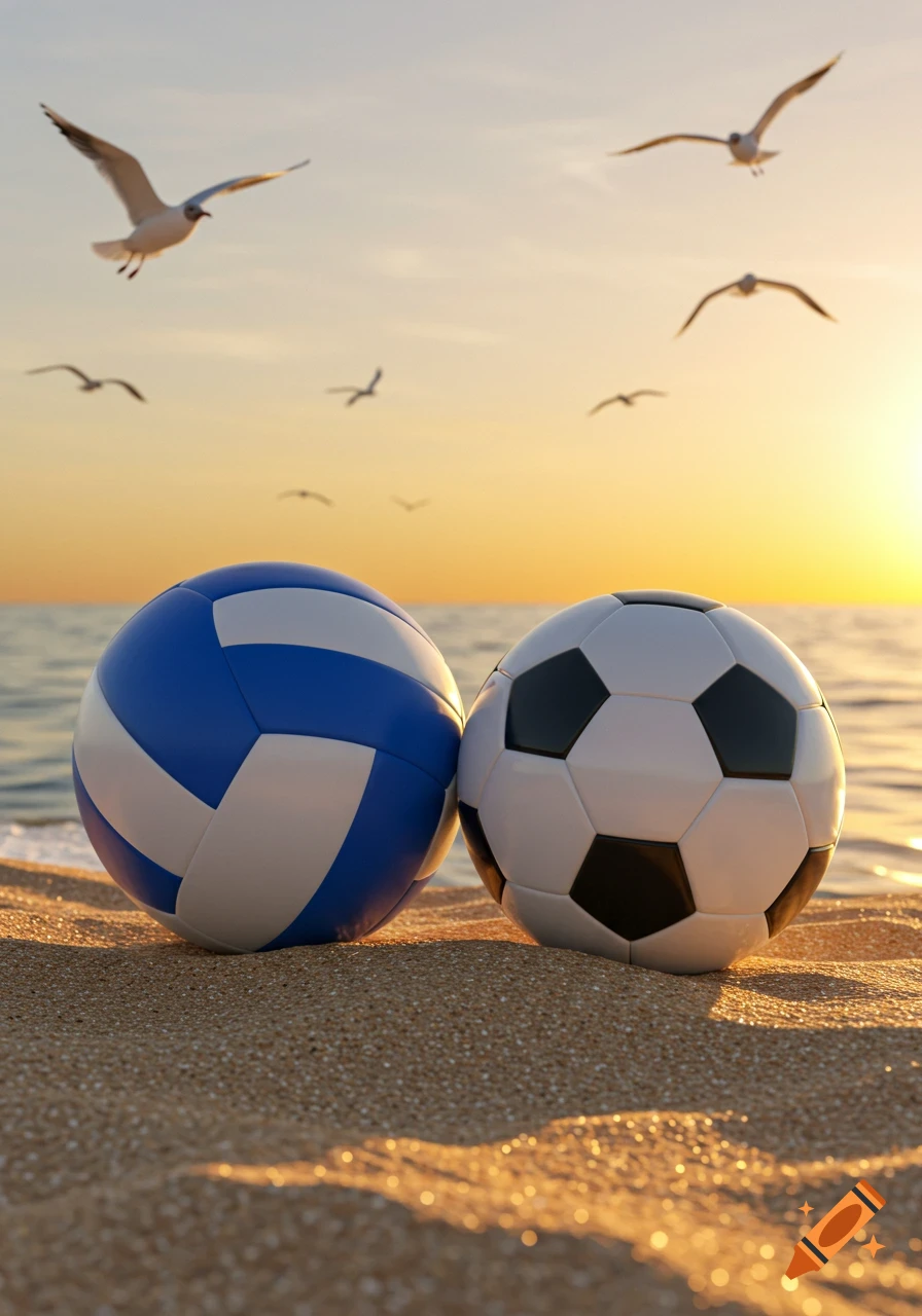 A volleyball and a soccer ball on a sandy beach at sunset, with seagulls flying over the ocean.