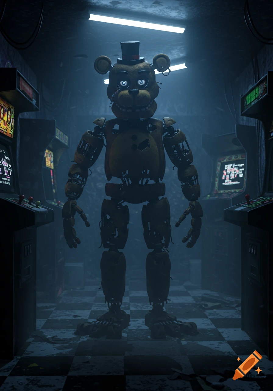 A large, dilapidated Freddy Fazbear animatronic stands menacingly in a dark, abandoned arcade with flickering lights.