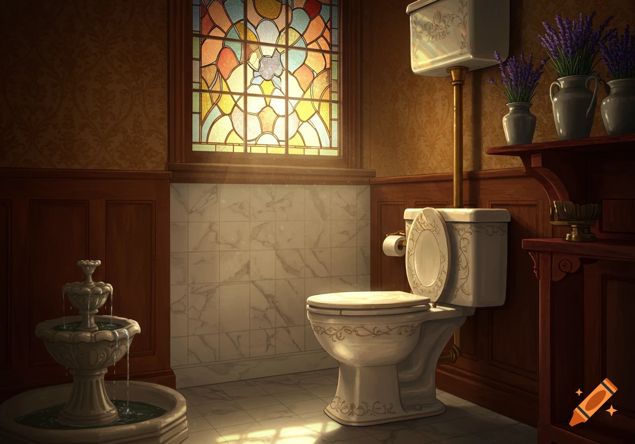 A decorative bathroom with a toilet, a small fountain, and a large stained glass window, bathed in warm sunlight.