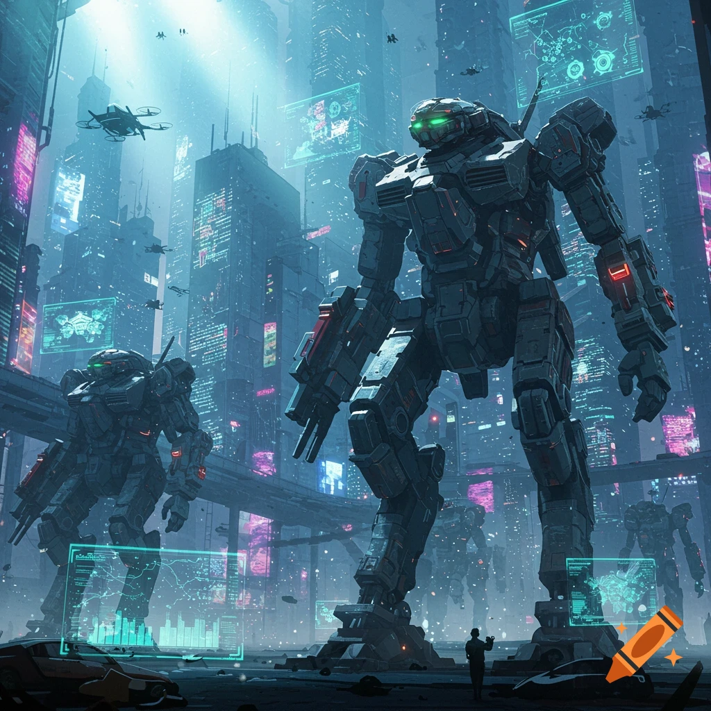 Large mechs stand in a sprawling futuristic city glowing with blue and pink neon, with flying drones and holographic screens.