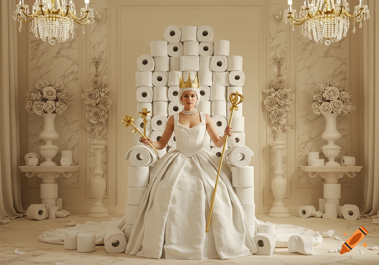 Photorealistic image of a woman, dressed as a queen, sitting on a throne made of toilet paper in an opulent room.