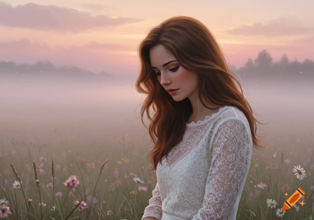 A young woman with long brown hair looks down in a dreamy, misty field of wildflowers at sunset, in a painterly style.