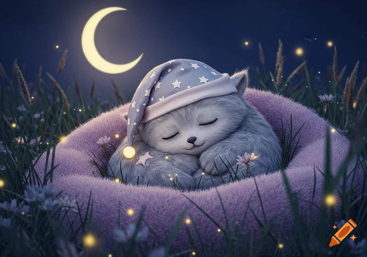A cute, fluffy grey animal sleeps in a purple bed wearing a blue starry cap at night, with a crescent moon and glowing fireflies.