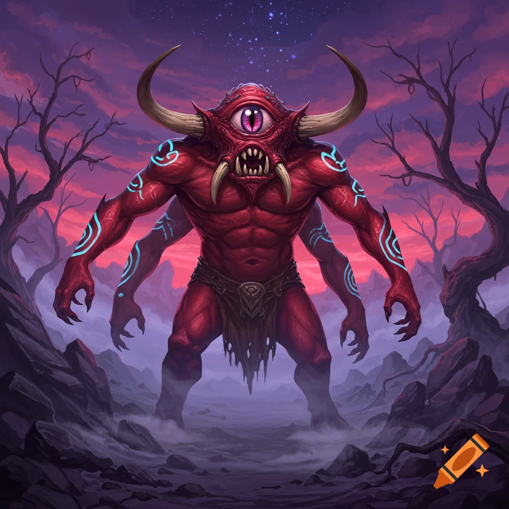 Red cyclops monster with tusks and four arms stands in a dark, misty landscape under a purple sky. Detailed fantasy illustration.