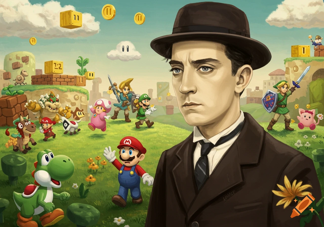Buster Keaton in a suit stands in a vibrant video game landscape with Mario, Link, Yoshi, Bowser, Luigi, and other Nintendo characters.