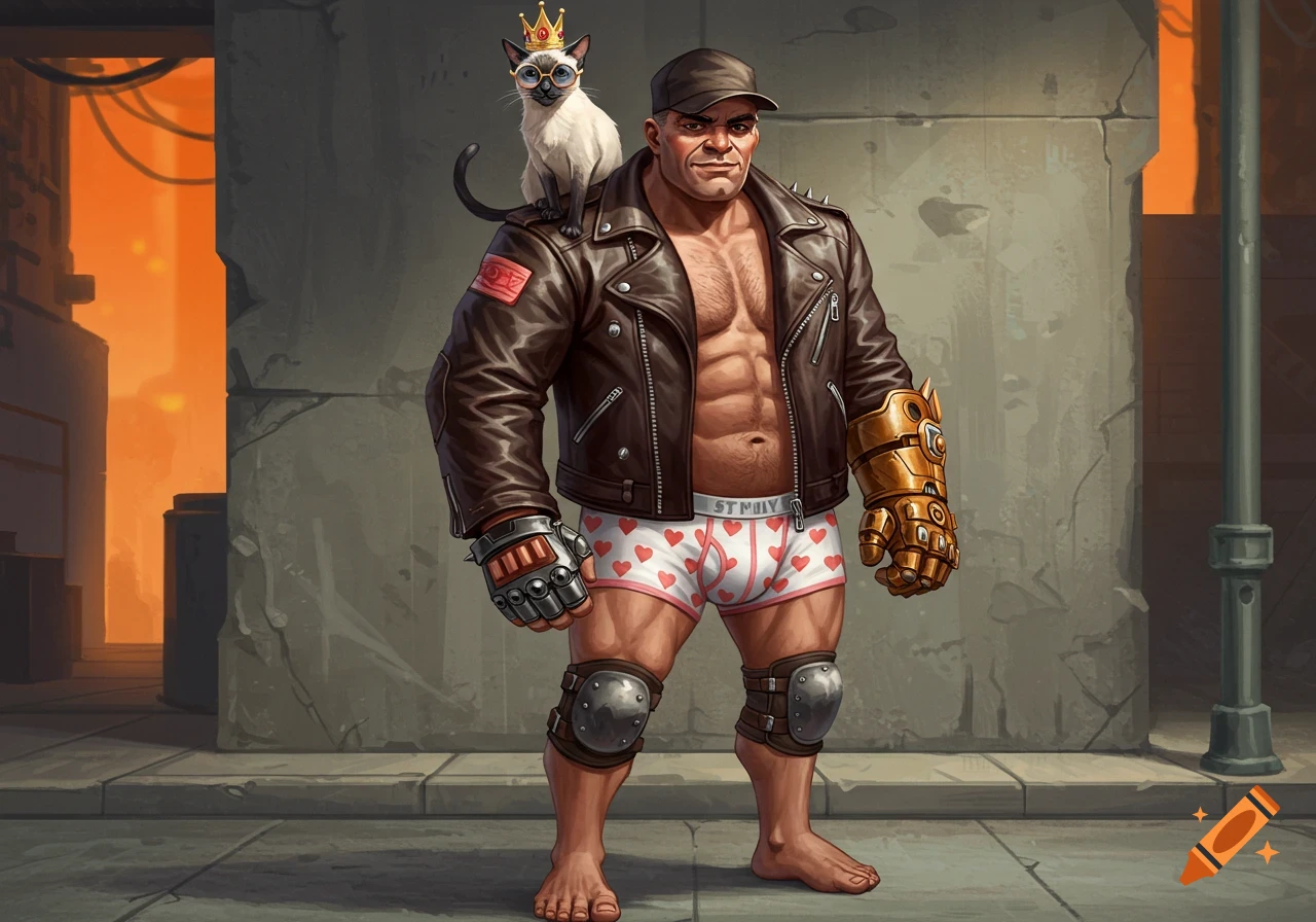 A stylized muscular man in a cap, open leather jacket, heart boxers, gauntlets, and kneepads stands barefoot. A Siamese cat with a crown and sunglasses sits on his shoulder.