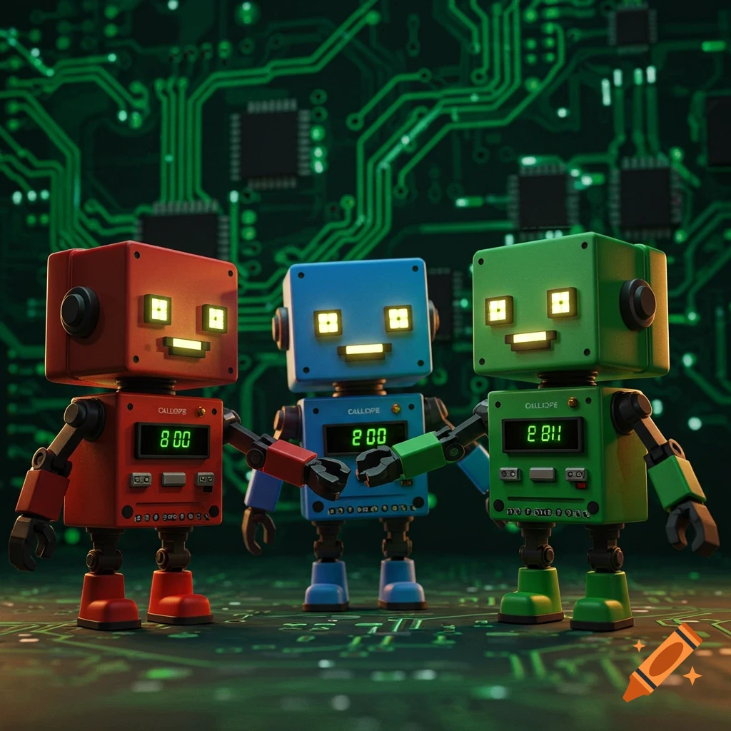 Three colorful blocky robots with glowing faces shaking hands on a green circuit board background, digital art.