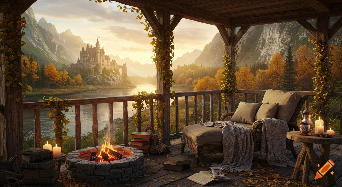 Ultra-realistic rustic wooden porch with ivy, firepit, and lounge chair overlooking an autumn river and distant fantasy castle.