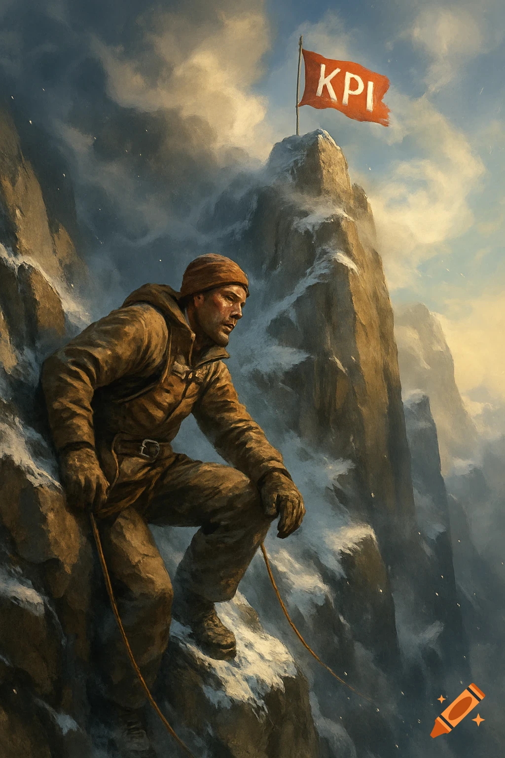 A man struggles to climb a snow-capped mountain toward a peak with a red flag marked 'KPI' in a dramatic, painterly style.