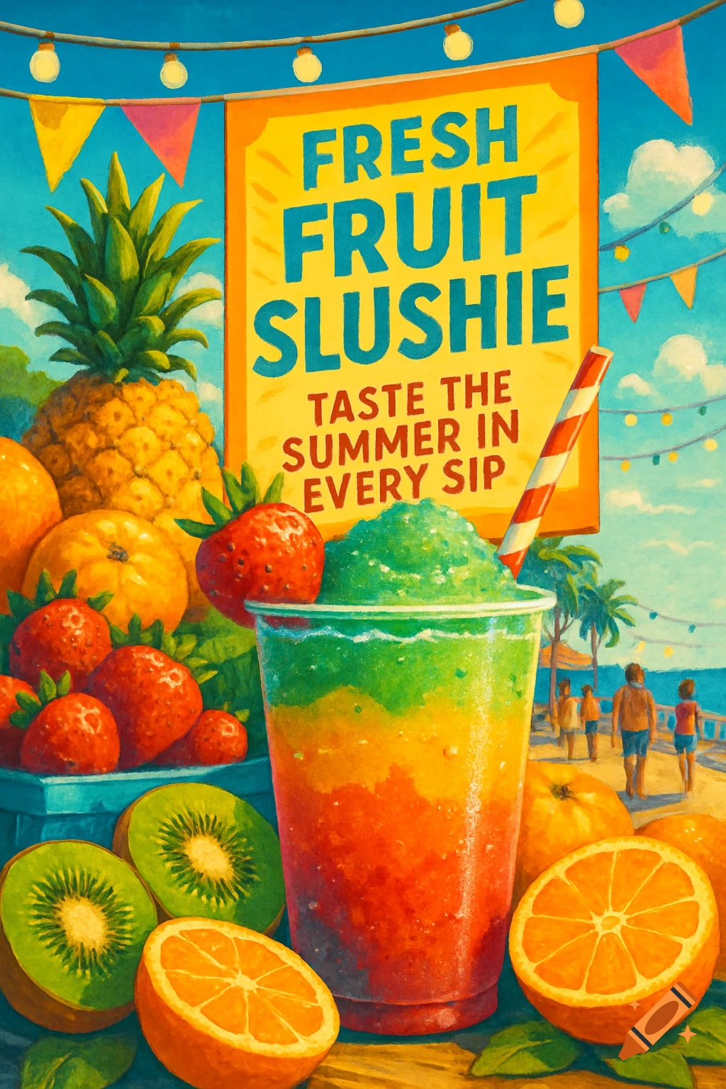 Vibrant, painterly advertisement for 'Fresh Fruit Slushie' with a colorful layered drink, pineapple, strawberries, kiwi, and oranges on a beach background.