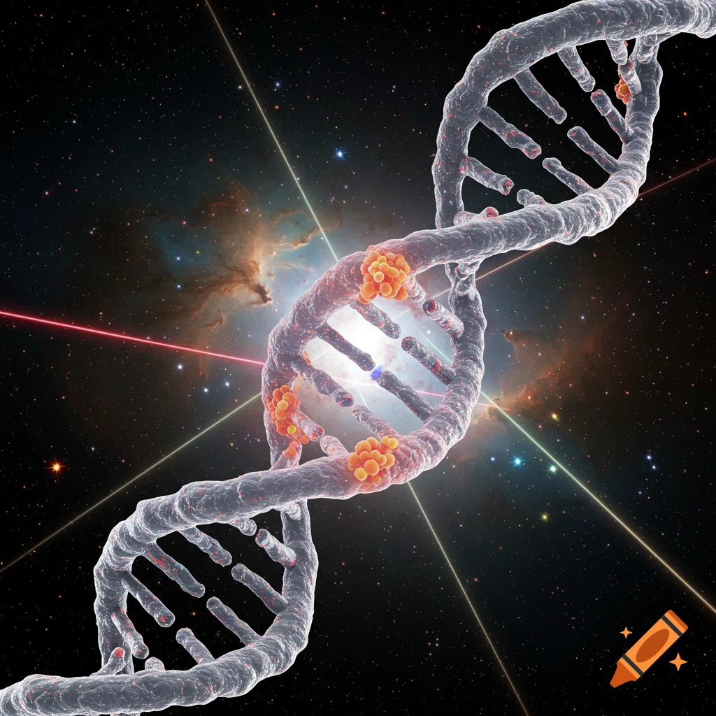 A 3D rendering of a DNA helix with orange clusters, illuminated against a background of a colorful space nebula and stars.