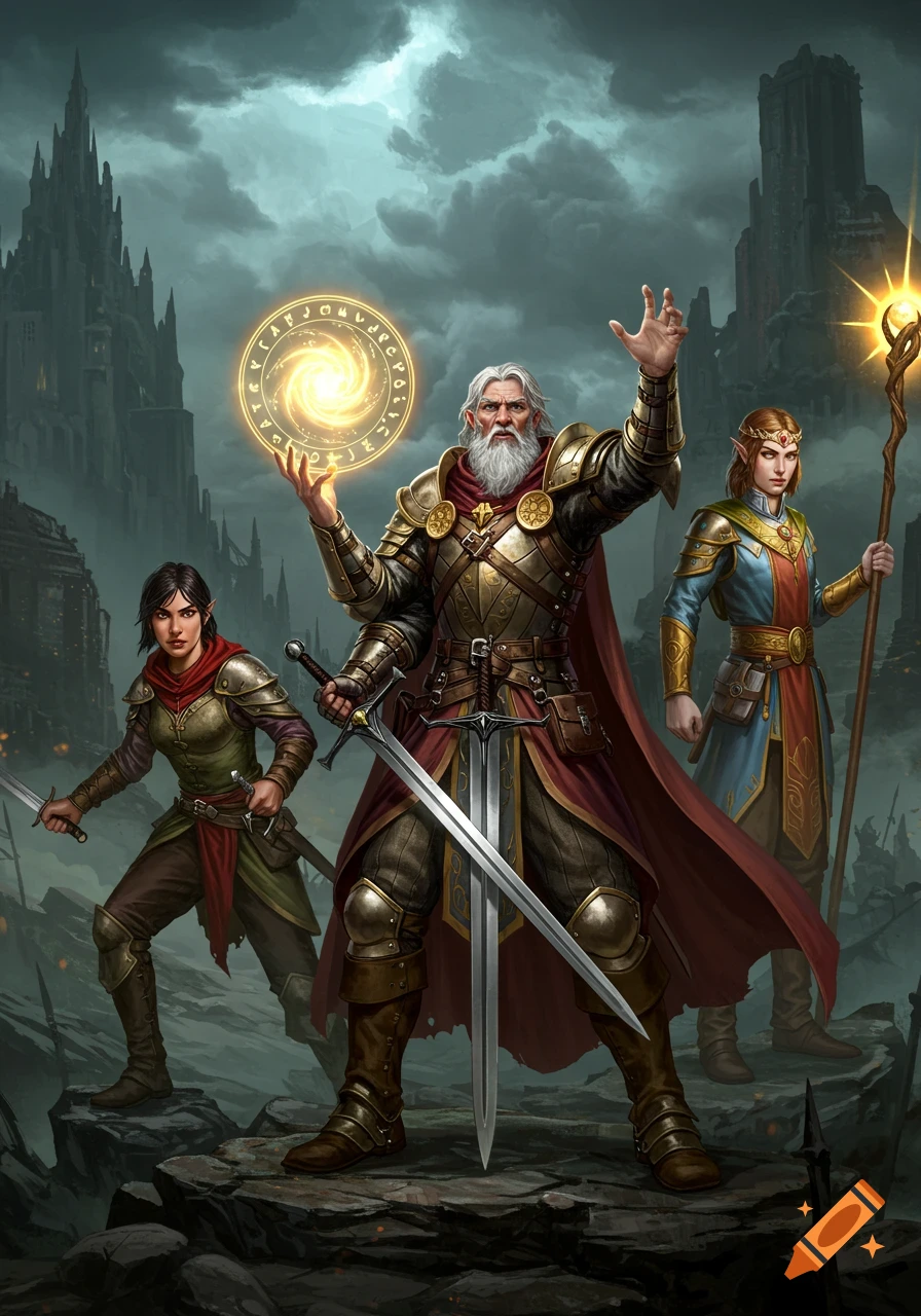 A warrior, wizard, and elf stand on a rocky outcrop before a ruined castle under a stormy sky, in a detailed fantasy illustration.