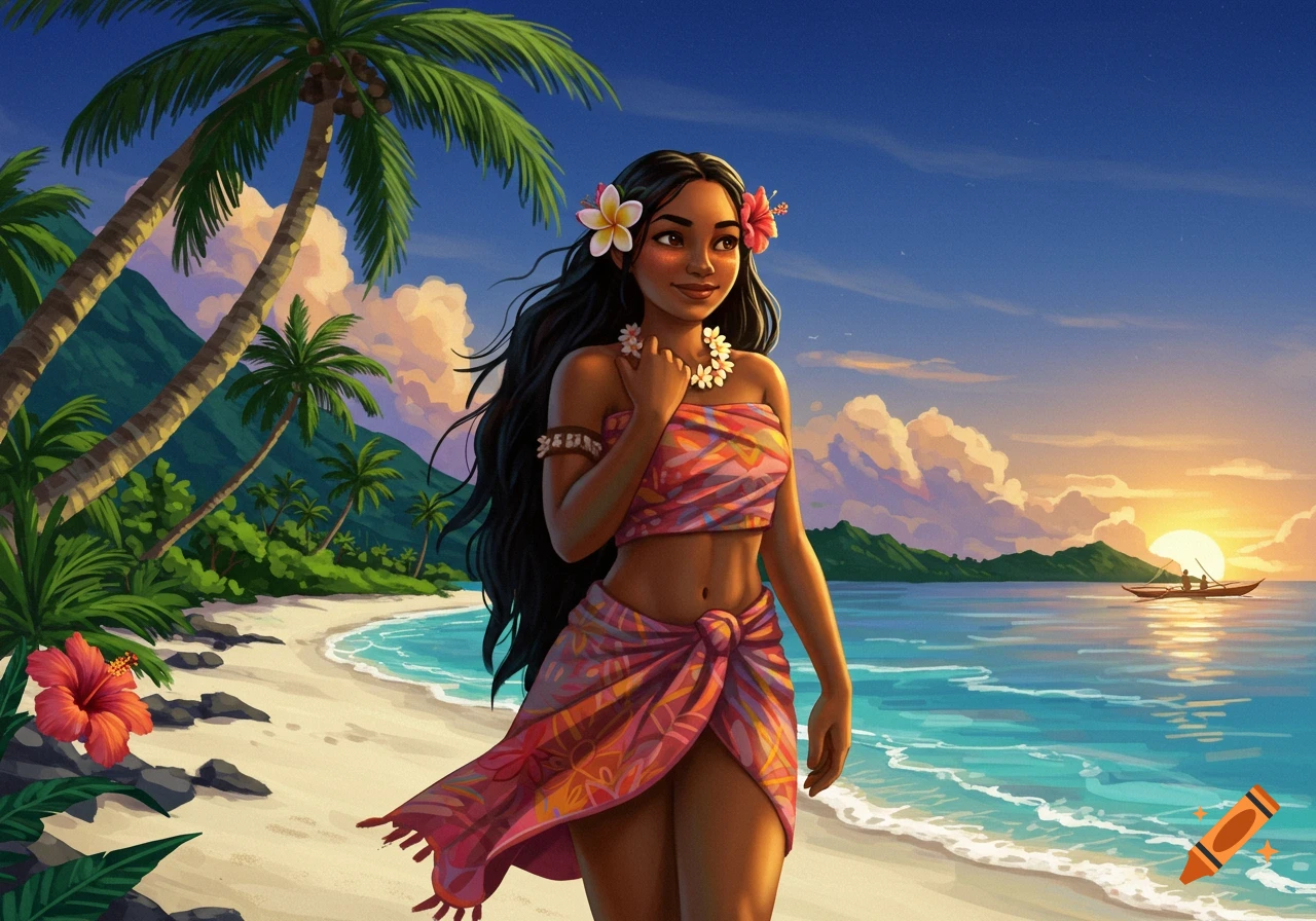 An illustrated island girl with long dark hair and flowers in her hair stands on a tropical beach at sunset.