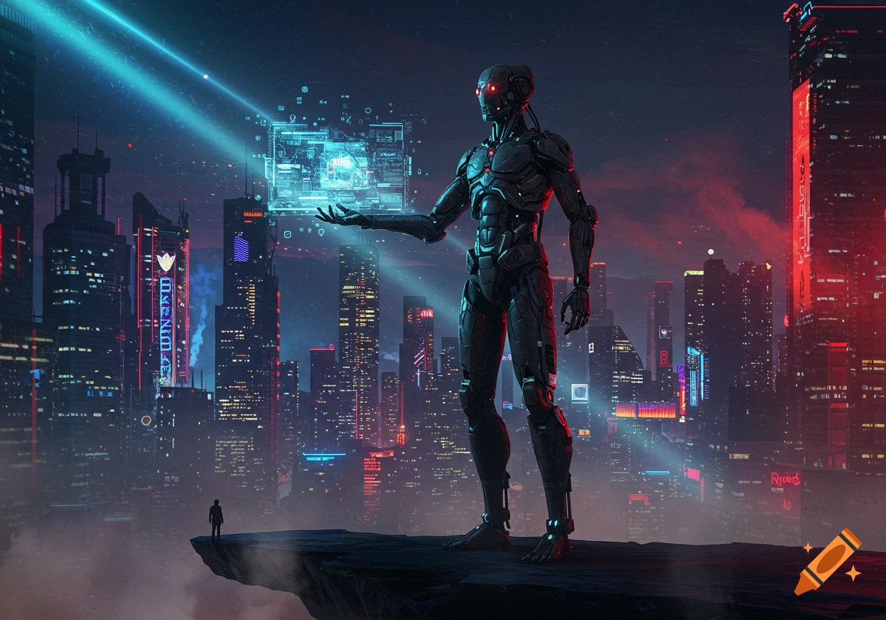 A giant robot holds out a holographic display to a small human on a cliff overlooking a neon-lit futuristic city at night, sci-fi illustration.