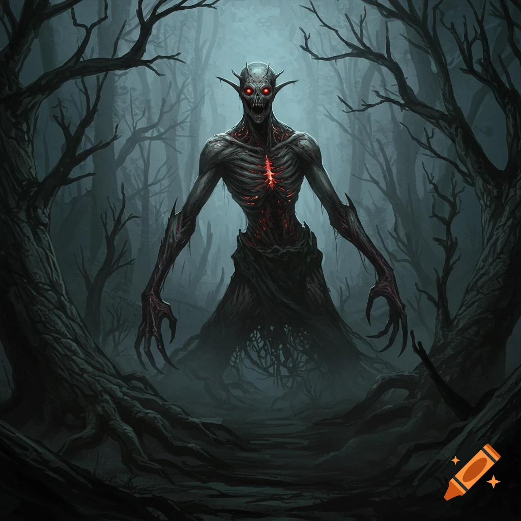 A gaunt, pale monster with glowing red eyes and chest stands in a dark, misty, gnarled forest, digital art.