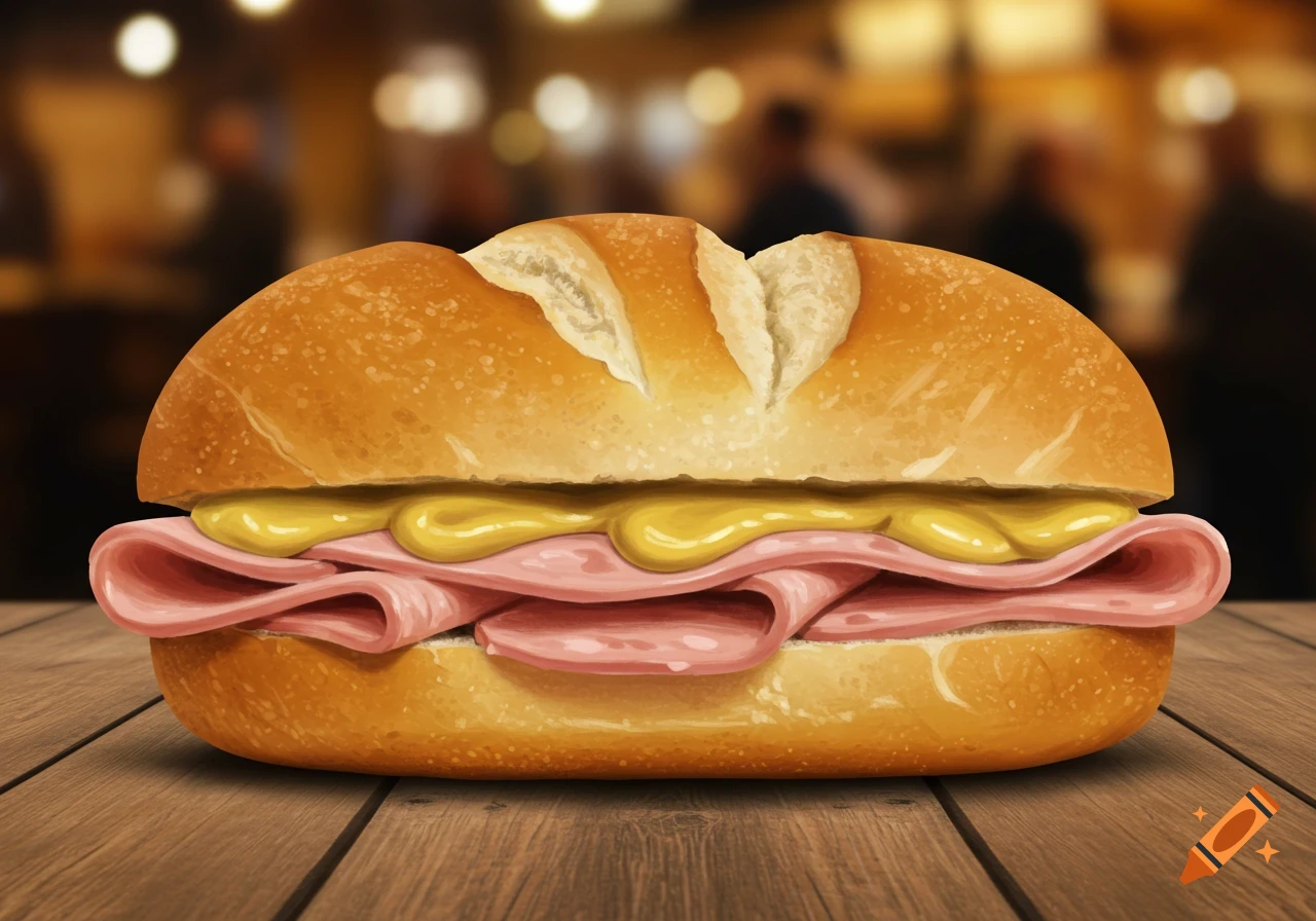 An illustration of a ham and mustard sandwich on a wooden table with a blurred restaurant background.