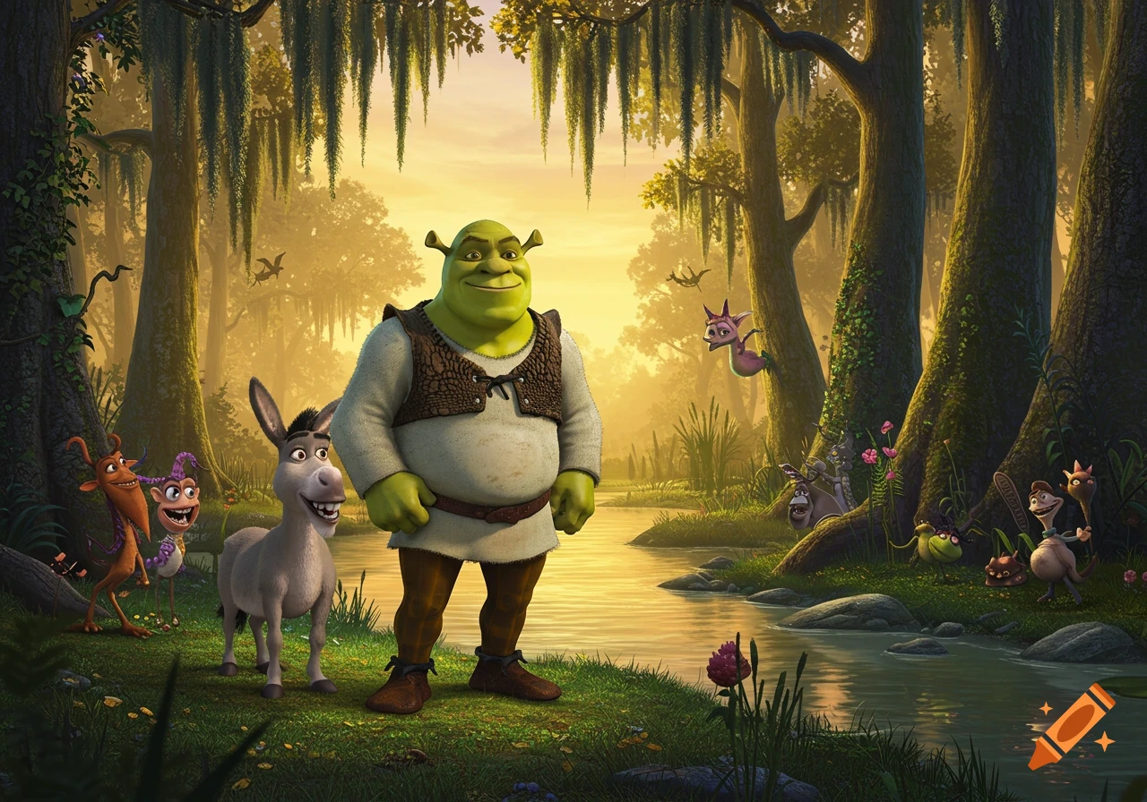 Shrek and Donkey stand by a river in a mystical swamp forest with other fairytale creatures during sunset, animation style.