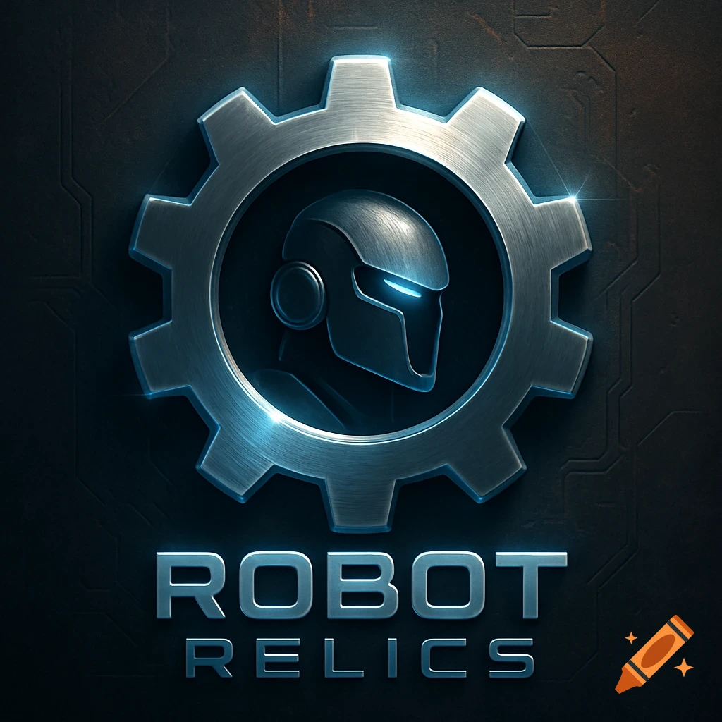 Metallic logo with a robot head inside a gear, glowing blue eyes, and text 'ROBOT RELICS' on a dark, industrial background.