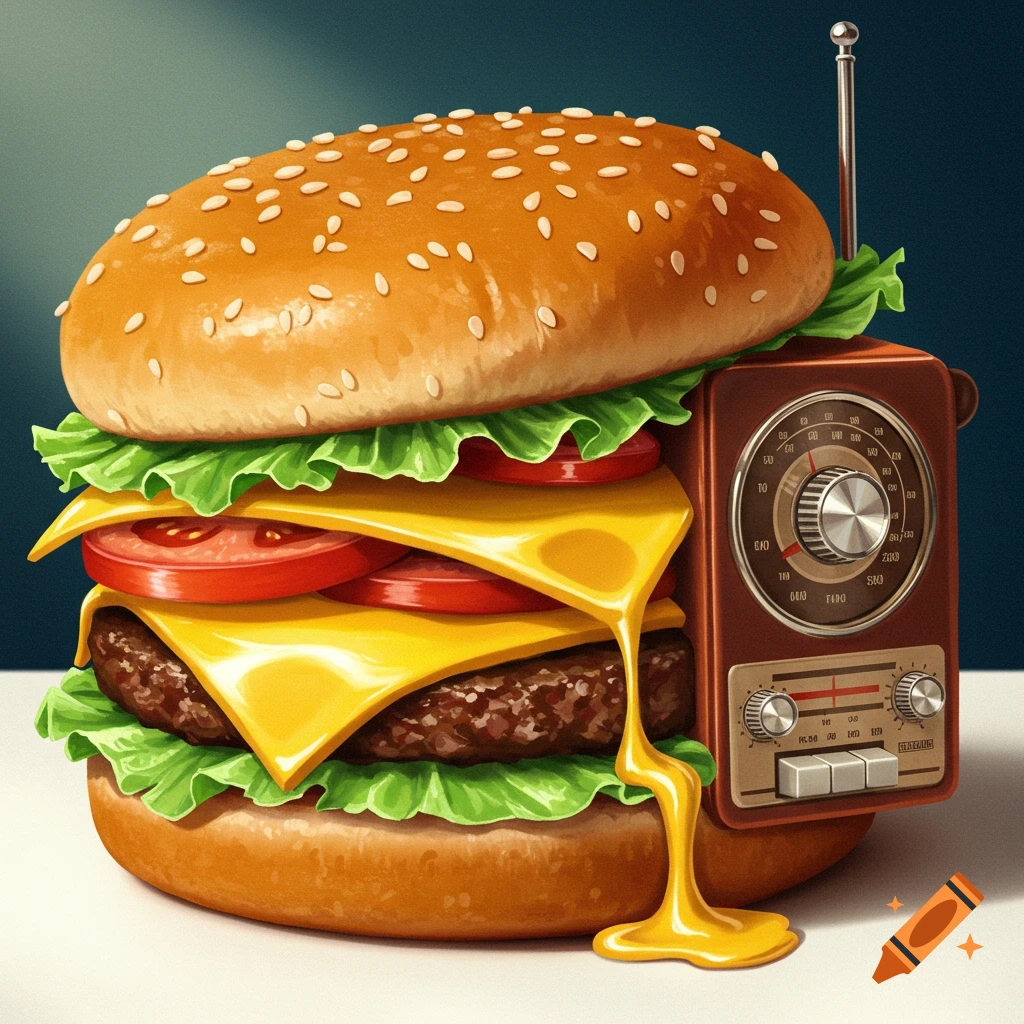 A close-up of a vibrant cheeseburger with melted cheese, featuring a brown vintage radio embedded into its side.
