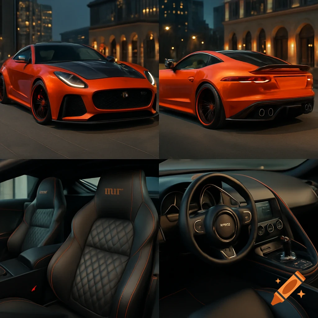 A collage showing an orange 2014 Jaguar F-TYPE V8 S with a wide body kit on an urban street, and its luxurious black leather interior.