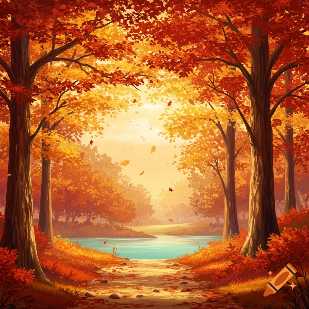 A vibrant illustration of an autumn forest with a path leading to a serene pond surrounded by colorful trees.
