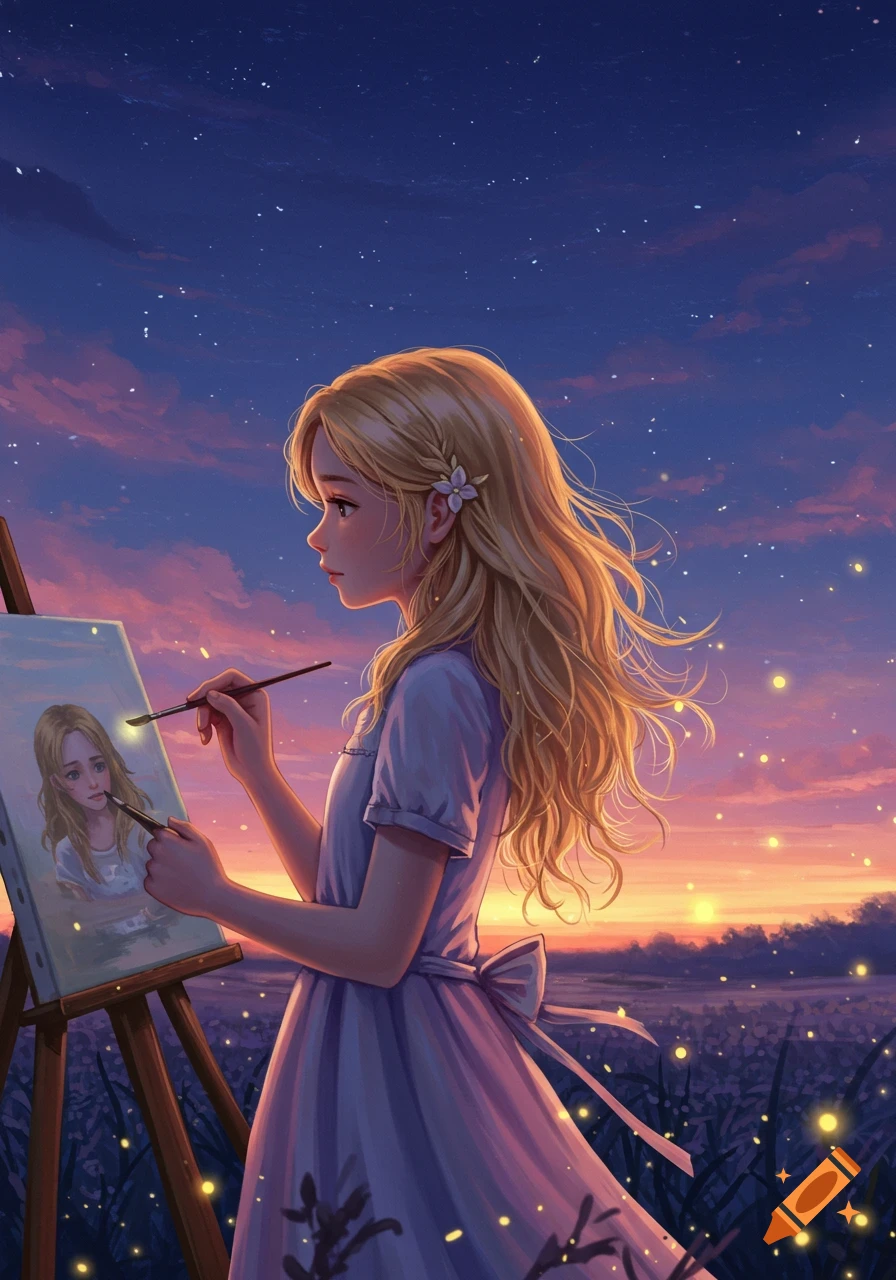 Blonde girl in a purple dress painting a self-portrait on an easel in a field with glowing lights at sunset, anime style.