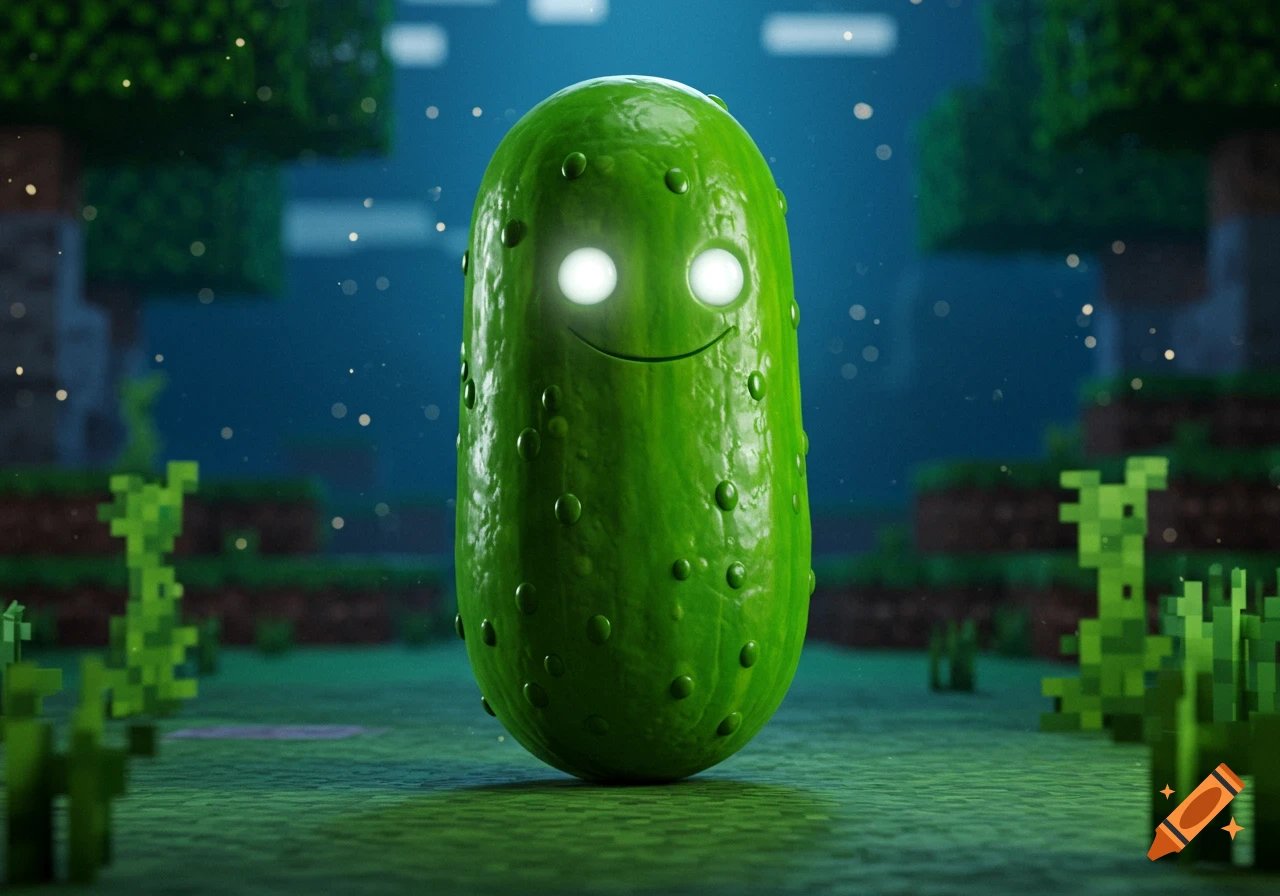 A cartoonish green pickle with glowing white eyes and a smile stands in a dark, pixelated Minecraft-like forest.