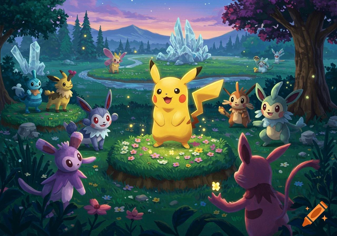 Pikachu and other cartoon creatures in a vibrant, magical forest clearing with flowers, crystals, and a stream at twilight.