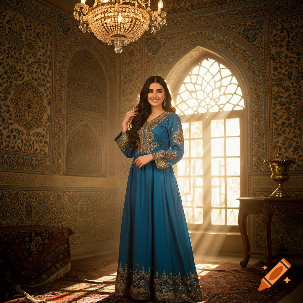 Woman in a vibrant blue embroidered gown stands in an ornate, sunlit room with decorative walls and a large arched window.