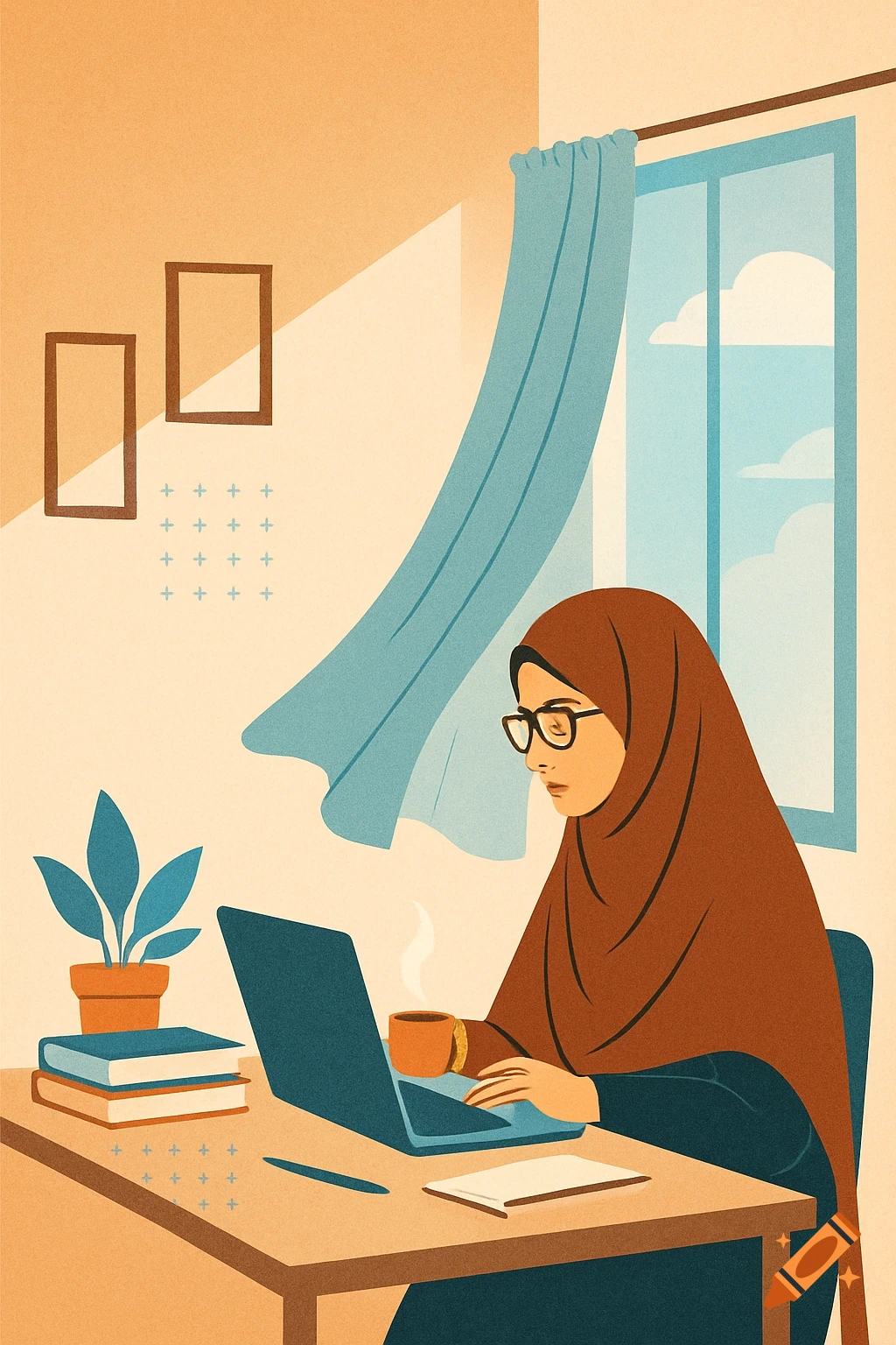 Minimalist illustration of a veiled woman in glasses working on a laptop at a desk with books and a plant, by an open window.