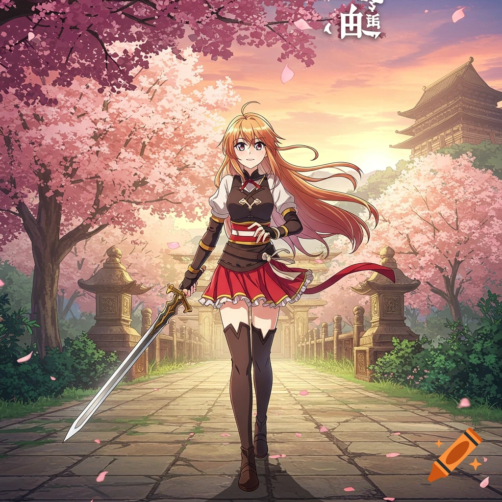 Anime girl with orange hair, in warrior attire with a sword, walking on a cherry blossom path towards a temple at sunset.