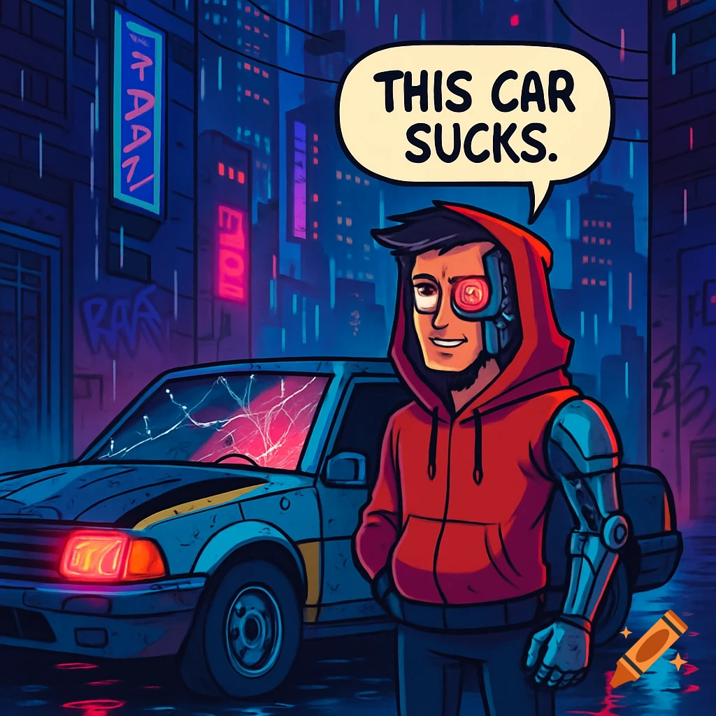 A cartoon cyberpunk man with a robot eye and arm stands next to his wrecked car at night, saying 'This car sucks'.