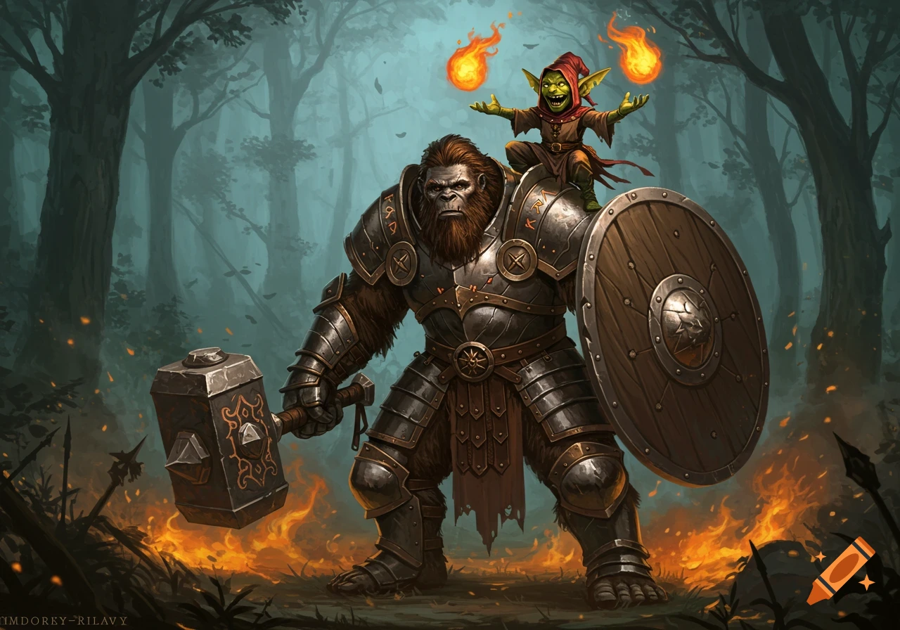 An armored Sasquatch with a great hammer and shield carries a goblin wizard hurling fireballs through a dark, misty forest.