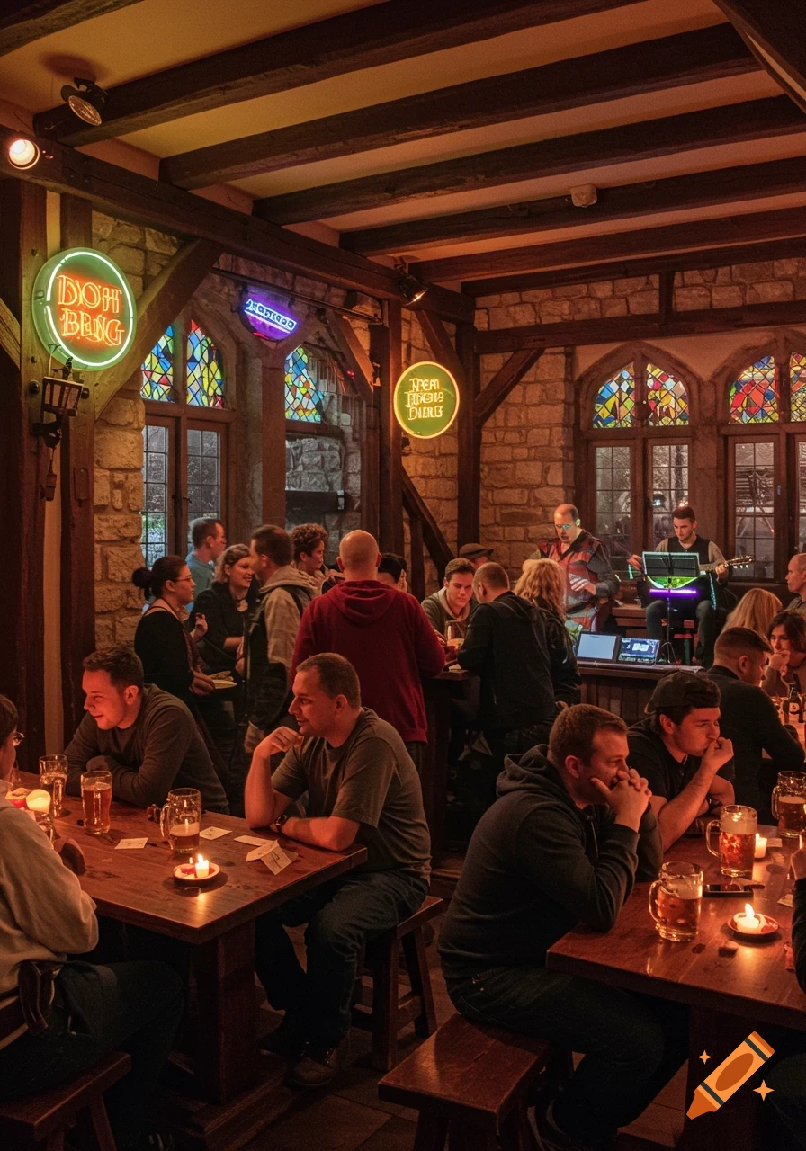 A crowded medieval-style pub with people drinking beer and listening to a band, featuring stone walls, stained glass windows, and neon signs.