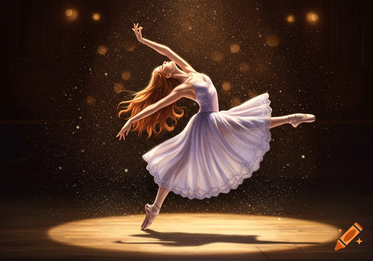 A graceful ballerina with flowing red hair dances in a spotlight on a stage, surrounded by sparkling particles.