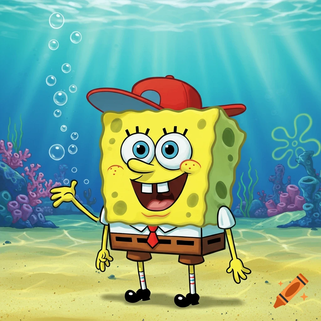 Spongebob Squarepants wearing a red baseball cap, smiling and waving underwater with coral and bubbles.