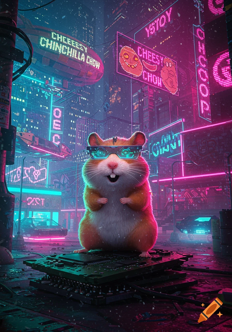 A cute hamster wearing futuristic glasses stands on a circuit board in a neon-lit cyberpunk city, with glowing pink and blue signs and buildings in the background. Digital art style.