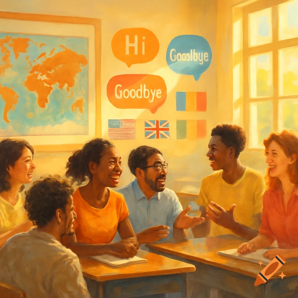 Diverse adults in a sunny classroom learning English, with speech bubbles, flags, and a world map on the wall, in a painterly style.