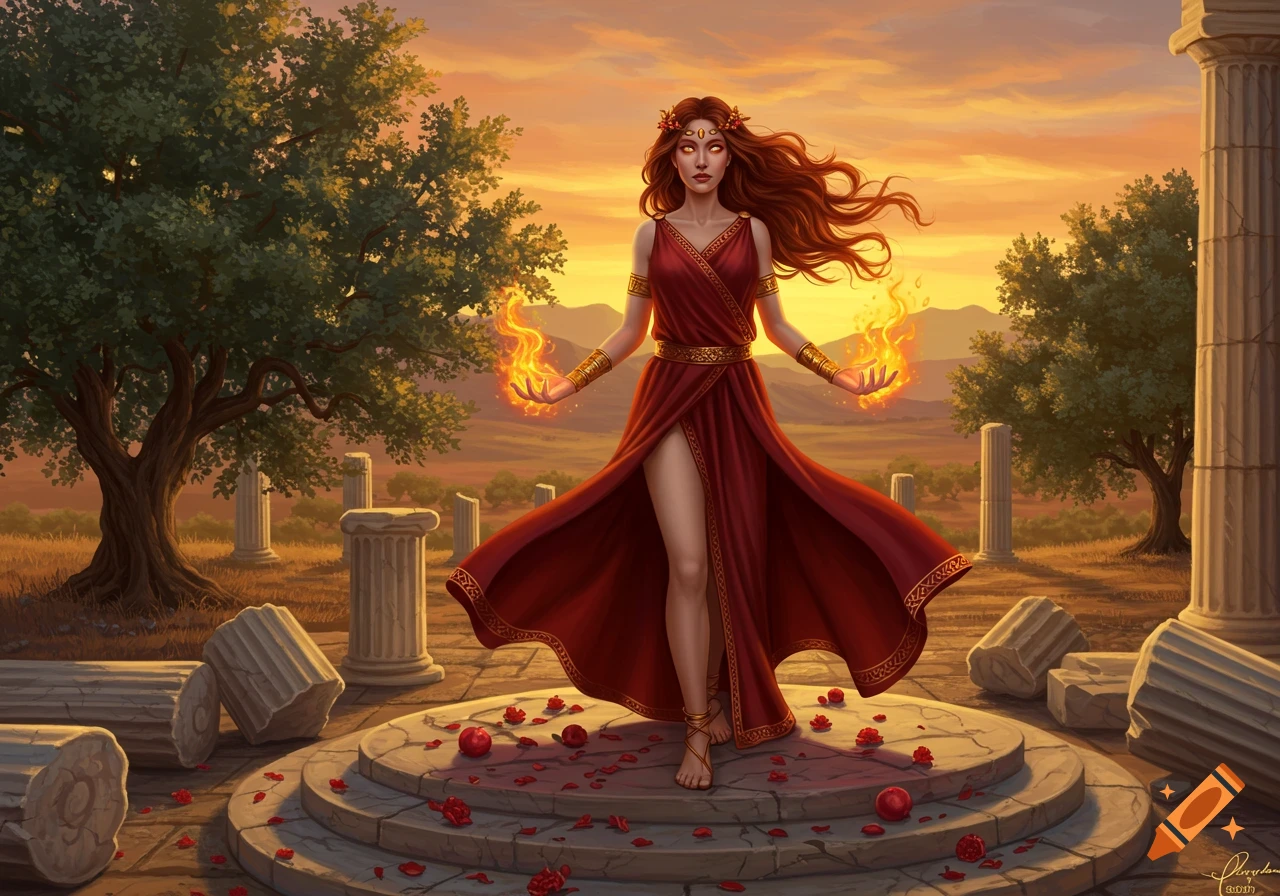 A red-haired woman in a flowing red dress conjures fire, standing on a stone platform surrounded by ancient ruins under a sunset sky.