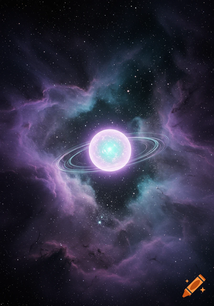 A glowing pink and teal ringed planet against a dark starry sky with purple and teal nebulae.