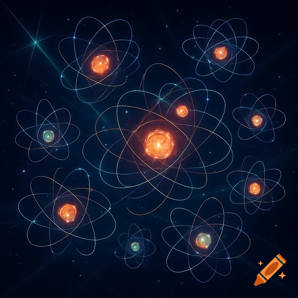 Multiple stylized glowing atomic models with orbiting electrons against a dark, star-filled cosmic background.