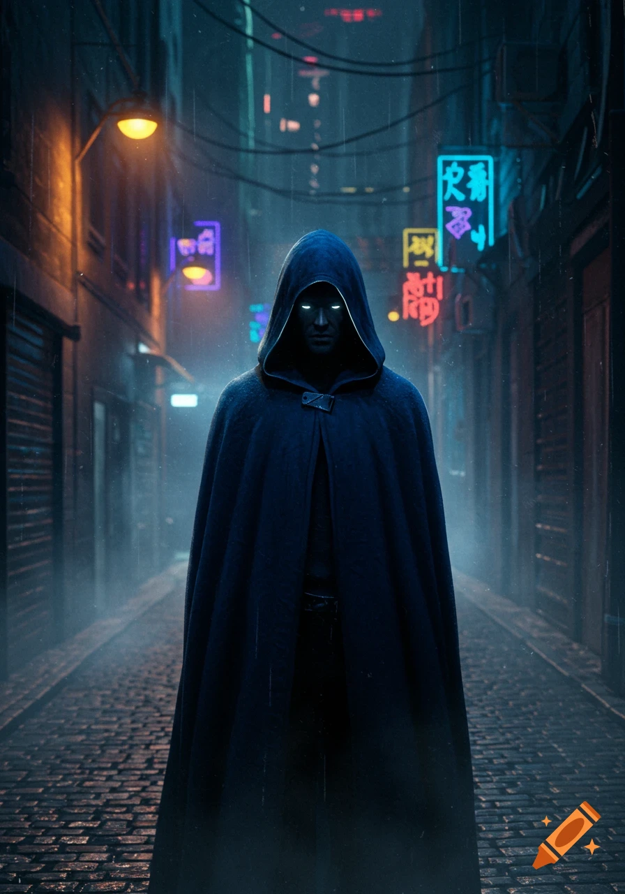 A dark figure in a blue hooded cloak with glowing white eyes stands in a rainy, neon-lit alley.