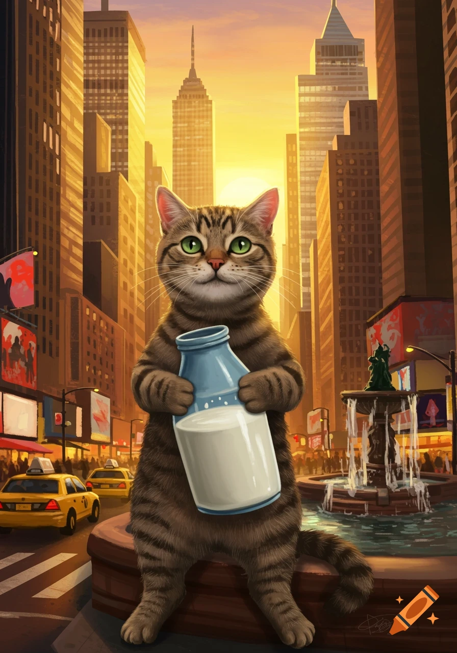 A cute tabby cat holds a jug of milk in a stylized New York City street scene at sunset, with skyscrapers and yellow taxis.