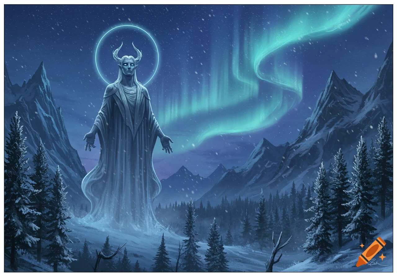A tall, horned ethereal figure stands in a snowy mountain forest with peaks under a starry, aurora-lit sky.