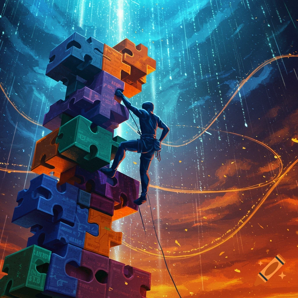 Digital art of a climber on colorful puzzle blocks against a vibrant, data-filled sky.