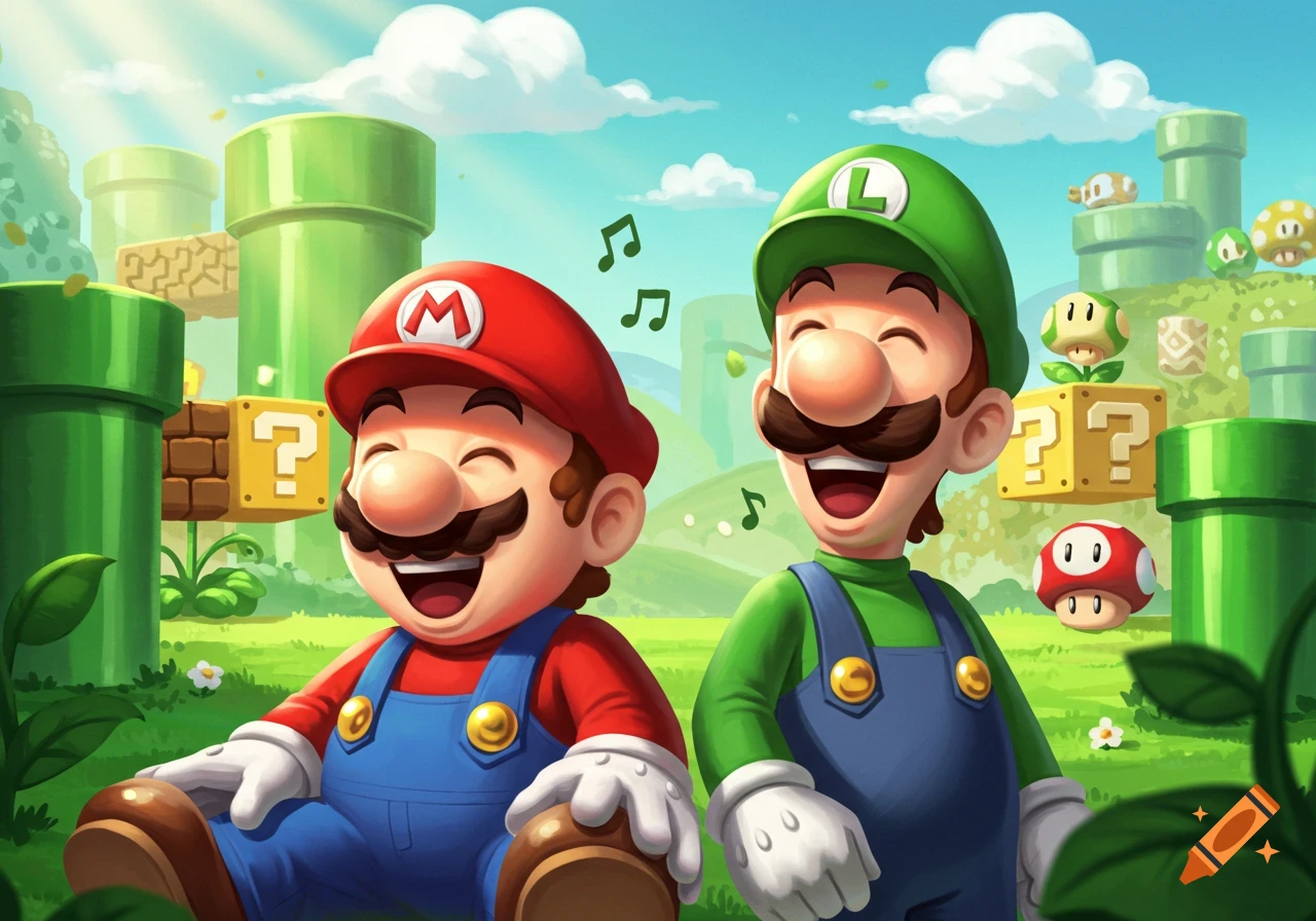 Cartoon Mario and Luigi laughing happily in a vibrant Super Mario world with pipes and question blocks.