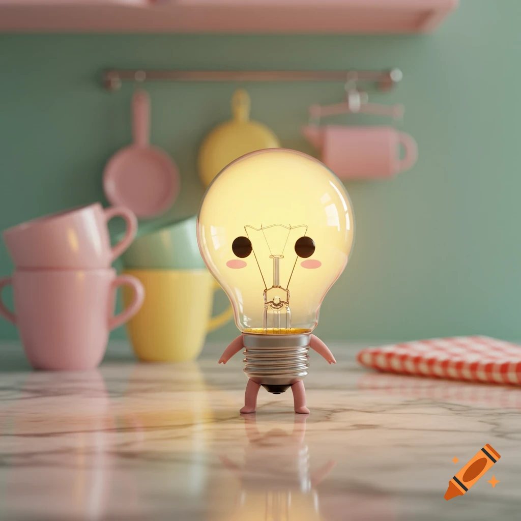 A cute, glowing lightbulb with pink legs stands on a marble kitchen counter, surrounded by pastel kitchenware in a whimsical 3D style.
