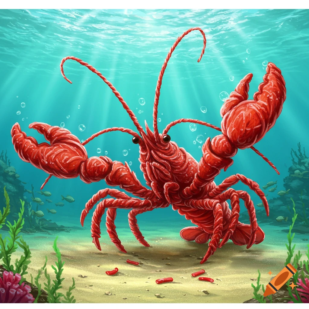 Red lobster-like creature made of twisted red candy, resembling Twizzlers, on a sandy ocean floor with sunlight streaming.