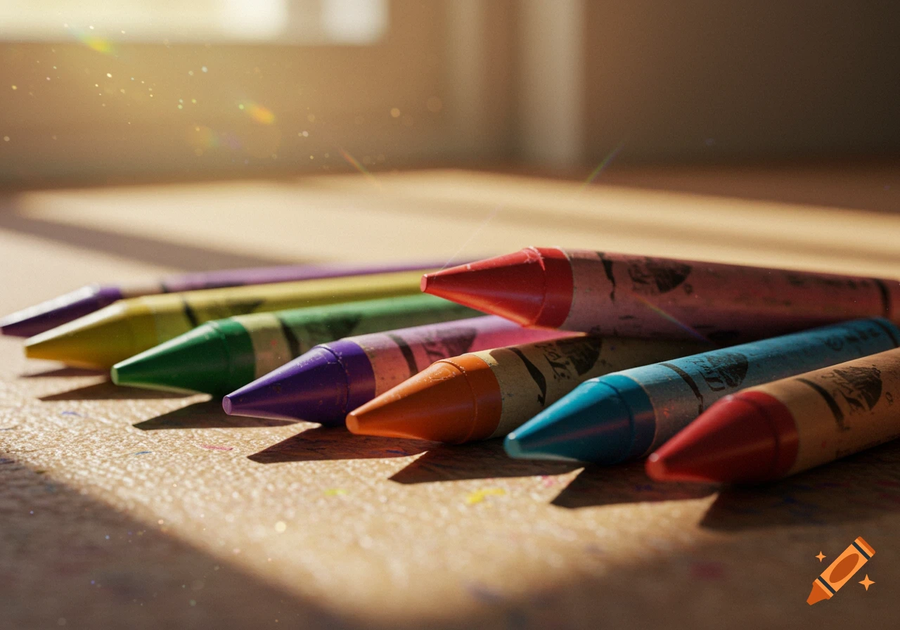 Close-up of colorful crayons lying on a textured surface, bathed in warm sunlight with lens flare.